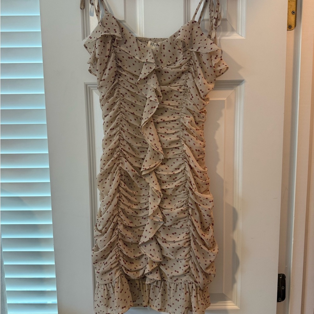 Storia Cream Ruffled Mini Dress with Polka Dots